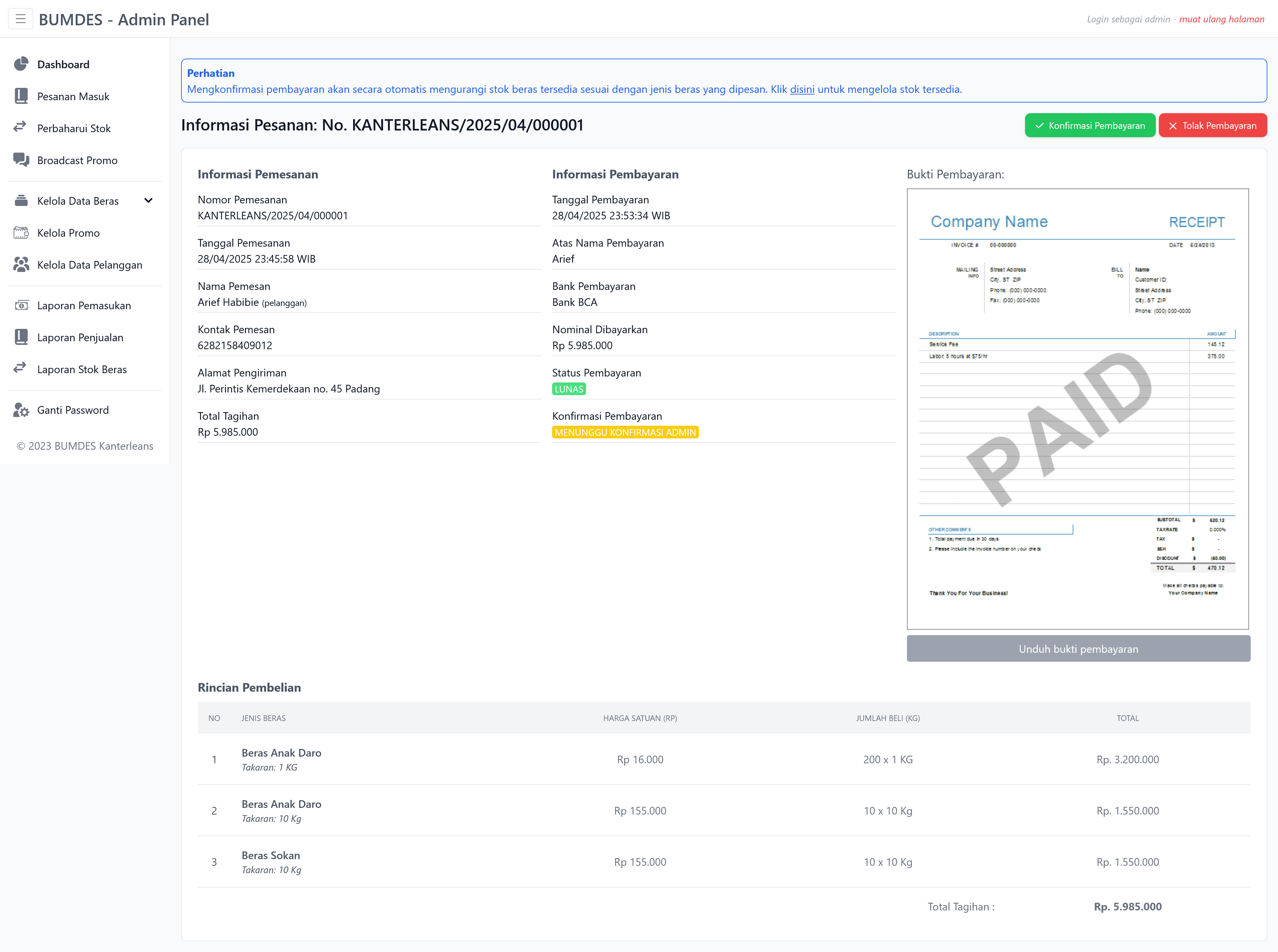Admin Orders page